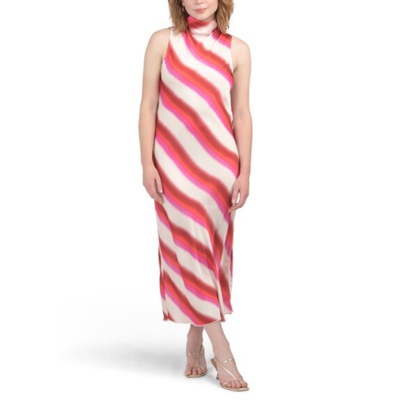 ISAAC MIZRAHI NEW YORK Red/white Made In Usa Mock Neck A-line Maxi Dress - Picture 1 of 2